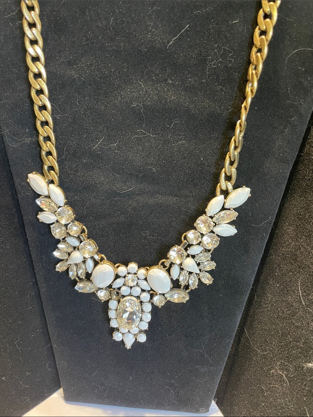 Gold Chain Statement Necklace with White and Clear Stones.   M’s
